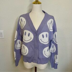 Nika K Purple Smiley Face Button Front Cardigan Sweater – Fun & Cozy